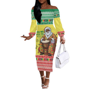 Afro Chirstmas in Senegal Off The Shoulder Long Sleeve Dress Black Santa Playing Djembe Drum - African Pride