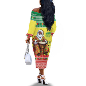 Afro Chirstmas in Senegal Off The Shoulder Long Sleeve Dress Black Santa Playing Djembe Drum - African Pride