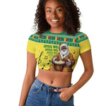 Afro Chirstmas in Senegal Raglan Cropped T shirt Black Santa Playing Djembe Drum - African Pride