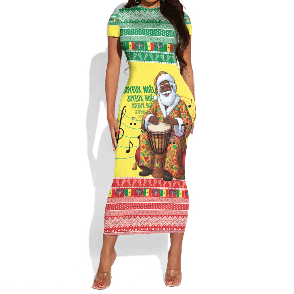 Afro Chirstmas in Senegal Short Sleeve Bodycon Dress Black Santa Playing Djembe Drum - African Pride