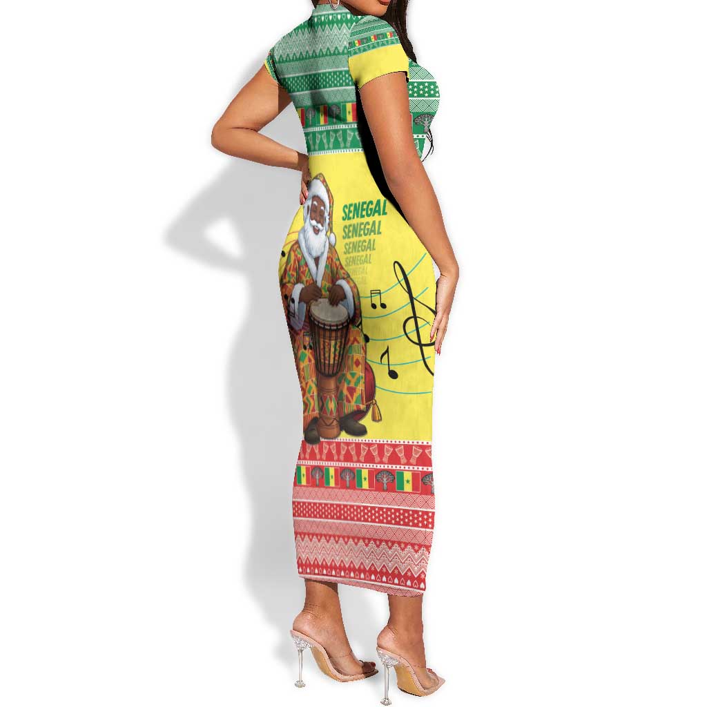 Afro Chirstmas in Senegal Short Sleeve Bodycon Dress Black Santa Playing Djembe Drum - African Pride
