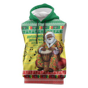Afro Chirstmas in Senegal Sleeveless Hoodie Black Santa Playing Djembe Drum - African Pride