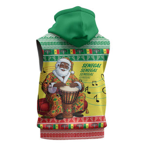Afro Chirstmas in Senegal Sleeveless Hoodie Black Santa Playing Djembe Drum - African Pride