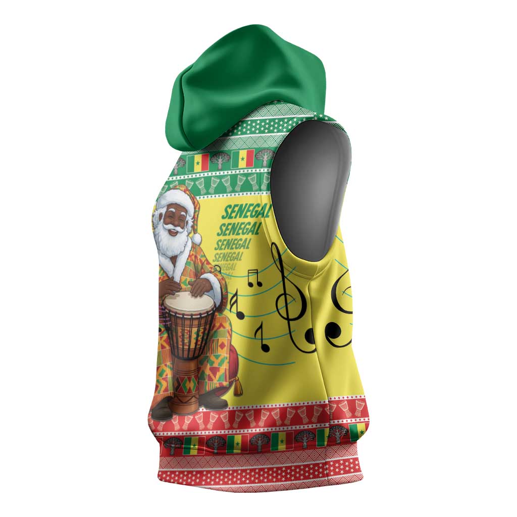 Afro Chirstmas in Senegal Sleeveless Hoodie Black Santa Playing Djembe Drum - African Pride