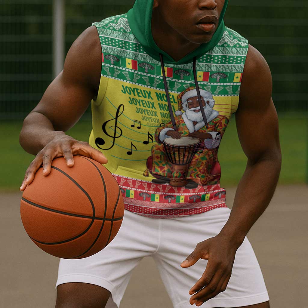 Afro Chirstmas in Senegal Sleeveless Hoodie Black Santa Playing Djembe Drum - African Pride