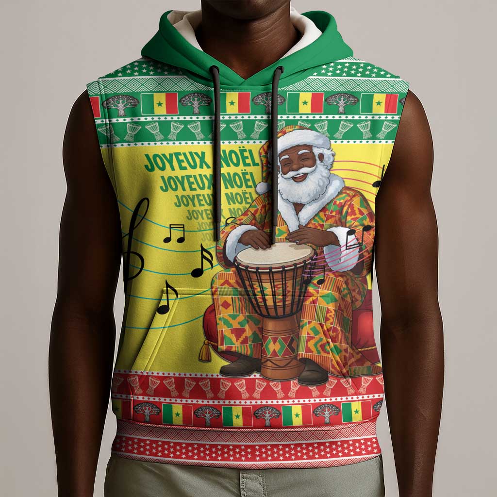 Afro Chirstmas in Senegal Sleeveless Hoodie Black Santa Playing Djembe Drum - African Pride