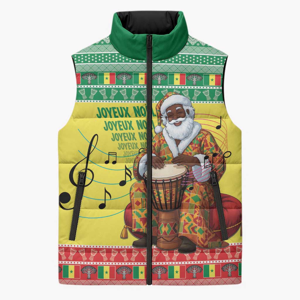 Senegal Christmas Sleeveless Puffer Jacket Black Santa Playing Djembe Drum