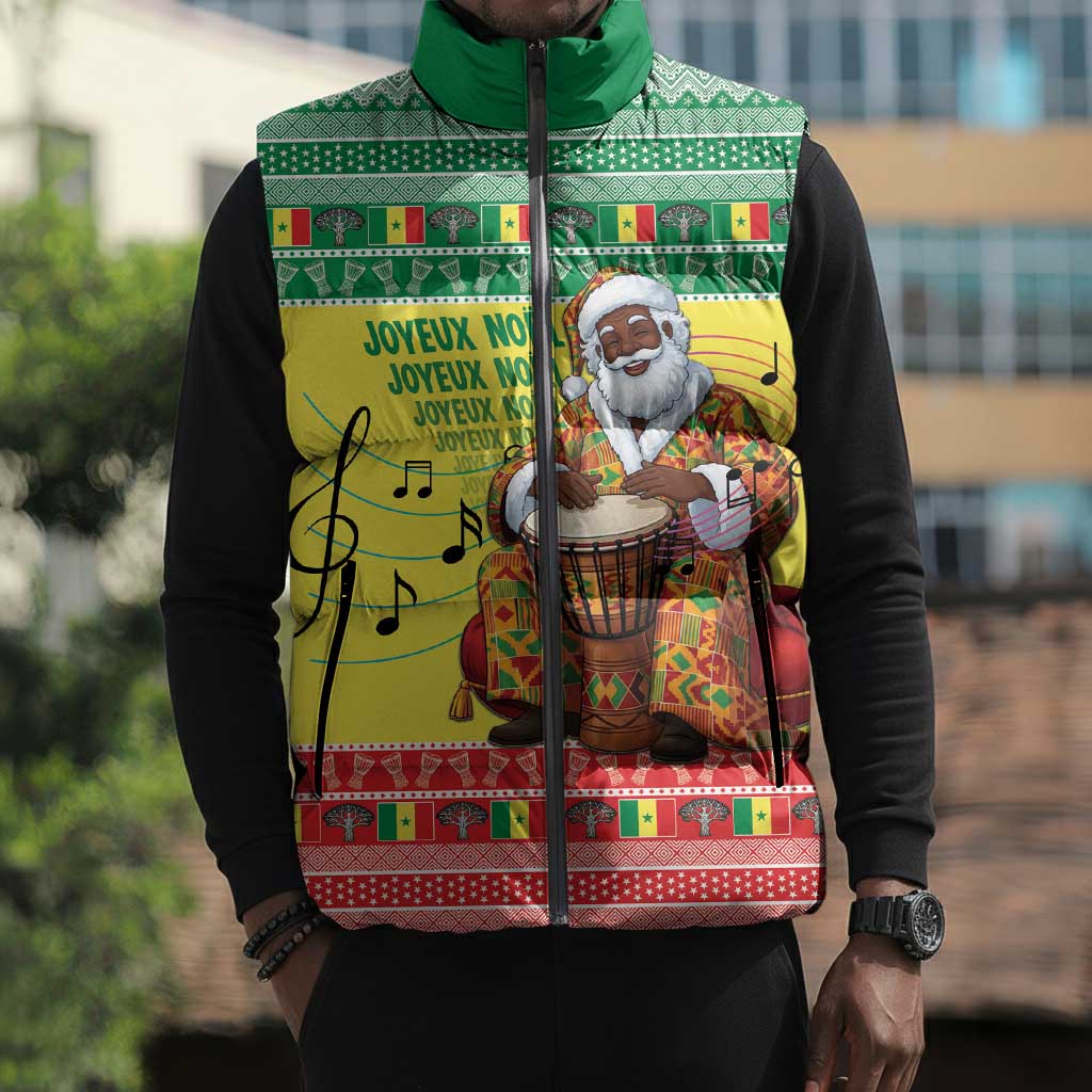 Senegal Christmas Sleeveless Puffer Jacket Black Santa Playing Djembe Drum