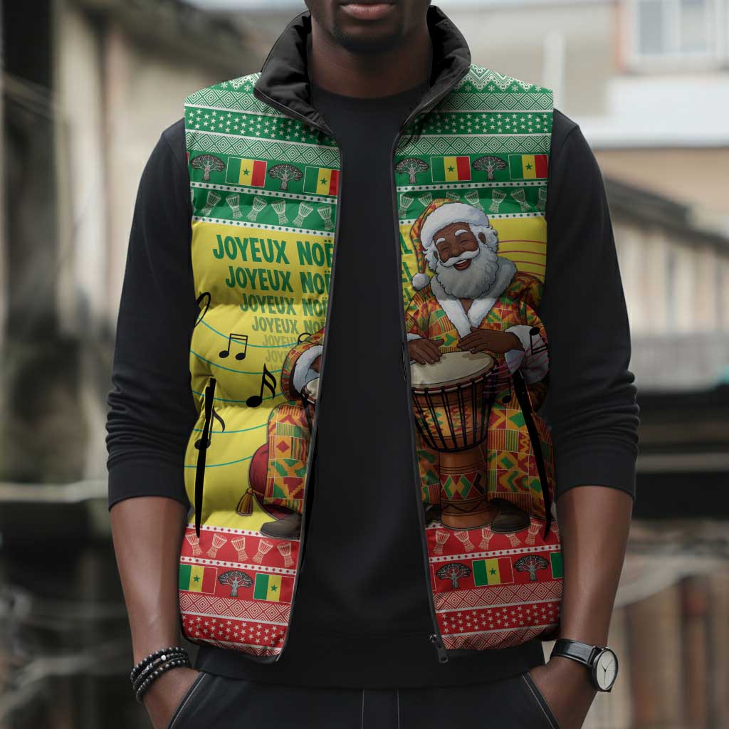 Senegal Christmas Sleeveless Puffer Jacket Black Santa Playing Djembe Drum