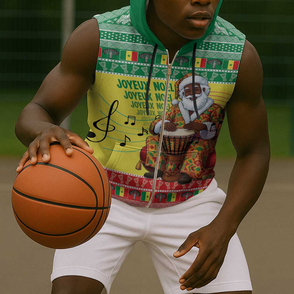 Afro Chirstmas in Senegal Sleeveless Zip Hoodie Black Santa Playing Djembe Drum - African Pride