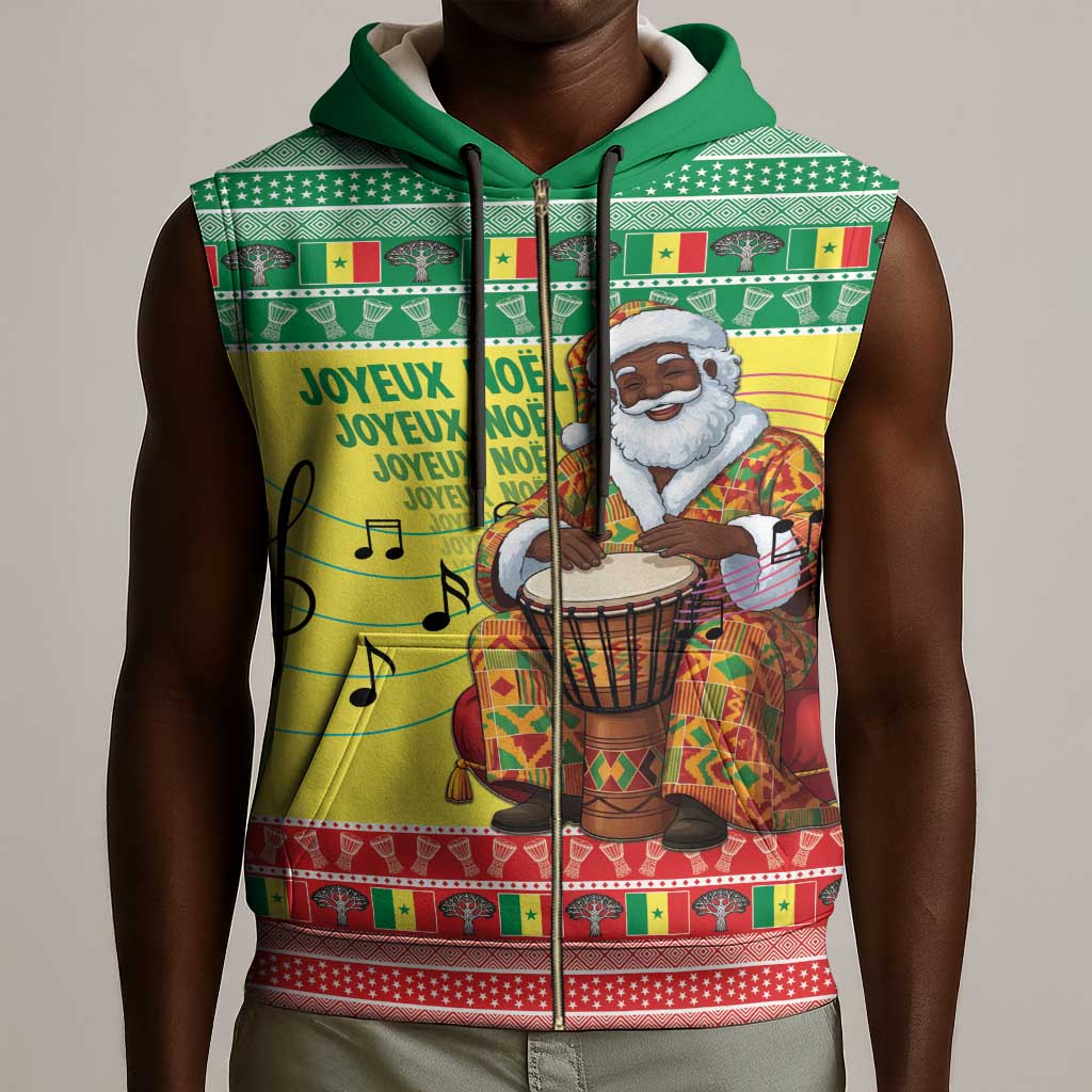 Afro Chirstmas in Senegal Sleeveless Zip Hoodie Black Santa Playing Djembe Drum - African Pride