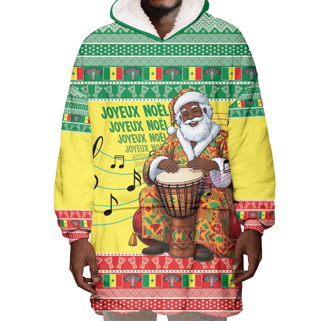 Afro Chirstmas in Senegal Wearable Blanket Hoodie Black Santa Playing Djembe Drum - African Pride