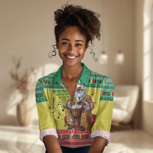 Afro Chirstmas in Senegal Women Casual Shirt Black Santa Playing Djembe Drum - African Pride