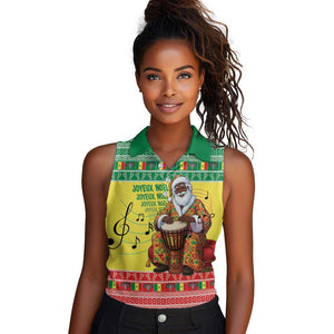 Afro Chirstmas in Senegal Women Sleeveless Polo Shirt Black Santa Playing Djembe Drum - African Pride