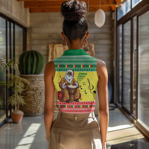 Afro Chirstmas in Senegal Women Sleeveless Polo Shirt Black Santa Playing Djembe Drum - African Pride