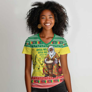 Afro Chirstmas in Senegal Women V-Neck T-Shirt Black Santa Playing Djembe Drum - African Pride
