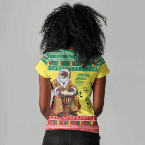 Afro Chirstmas in Senegal Women V-Neck T-Shirt Black Santa Playing Djembe Drum - African Pride