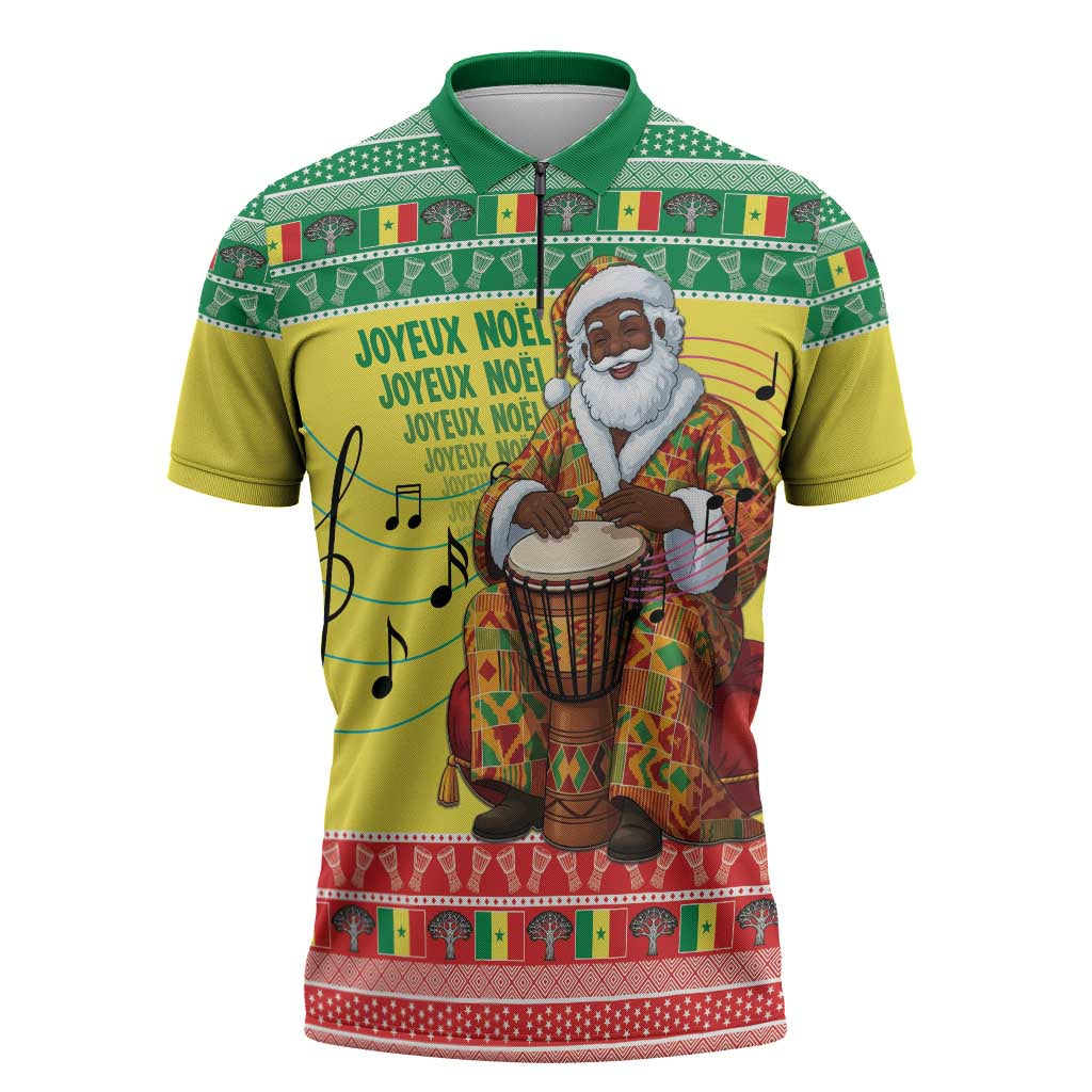 Senegal Christmas Zipper Polo Shirt Black Santa Playing Djembe Drum