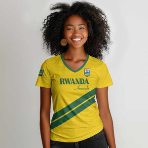 Custom Rwanda Football Women V-Neck T-Shirt Pride Of Rwanda - Yellow LT15