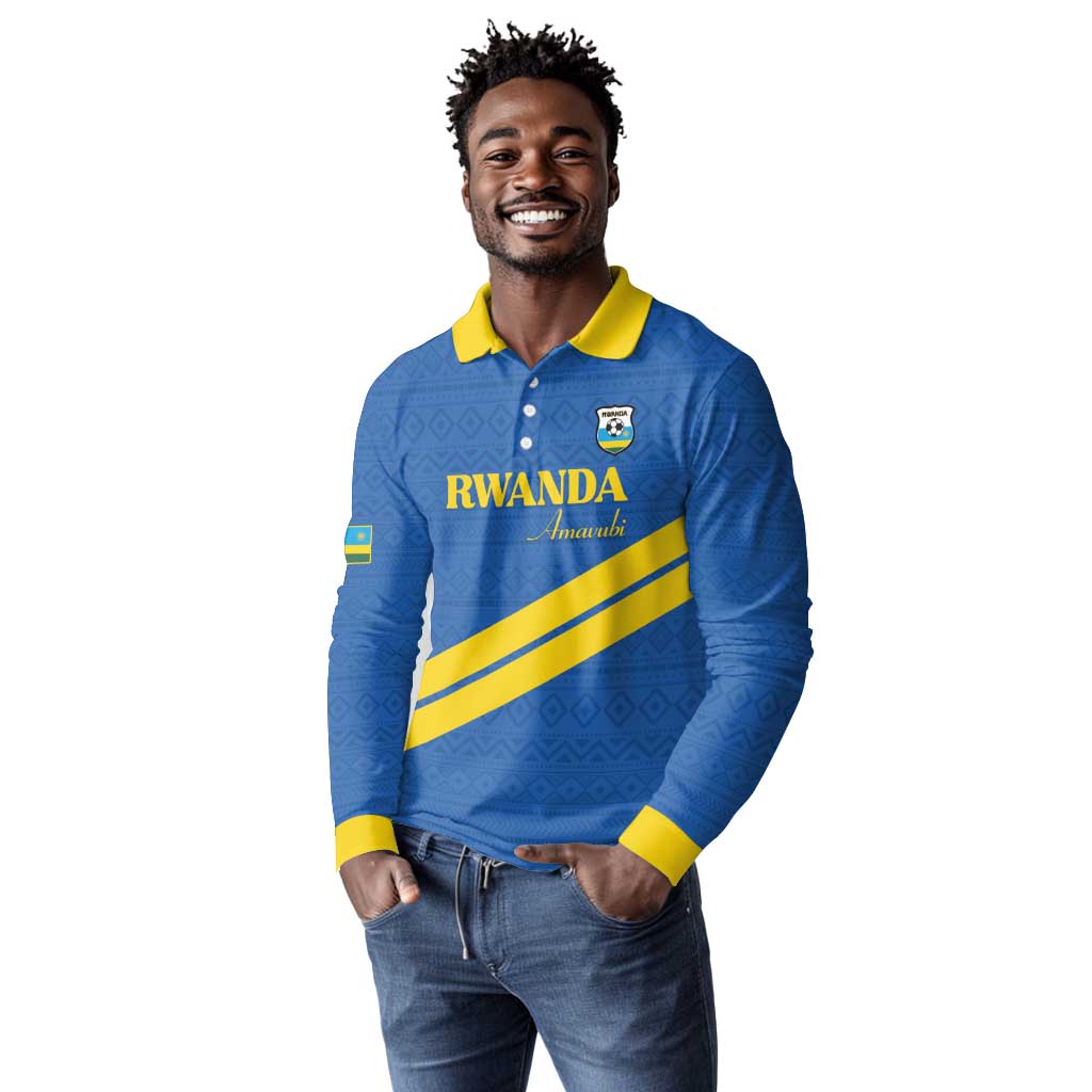 Custom Rwanda Football Long Sleeve Polo Shirt Pride Of Rwanda - Blue - African Pride