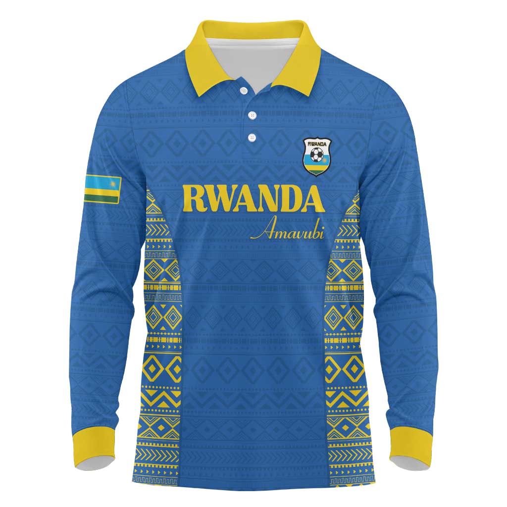 Rwanda Football Custom Long Sleeve Polo Shirt Stand With Amavubi - Blue - African Pride