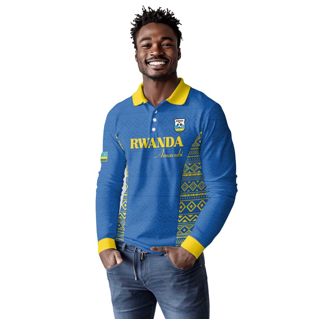 Rwanda Football Custom Long Sleeve Polo Shirt Stand With Amavubi - Blue - African Pride