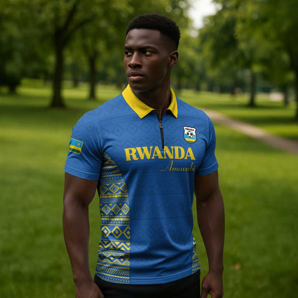 Rwanda Football Custom Zipper Polo Shirt Stand With Amavubi - Blue - African Pride