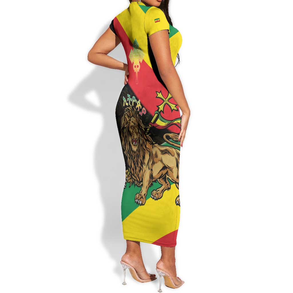 Ethiopia Lion of Judah Short Sleeve Bodycon Dress Ethiopia Empire 1270-1974 LT15