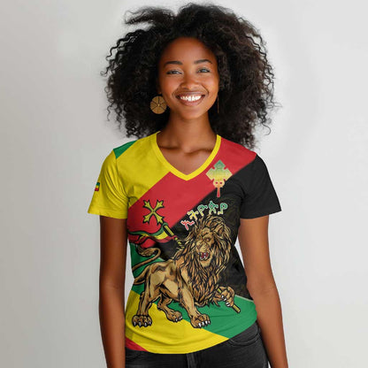 Ethiopia Lion of Judah Women V-Neck T-Shirt Ethiopia Empire 1270-1974