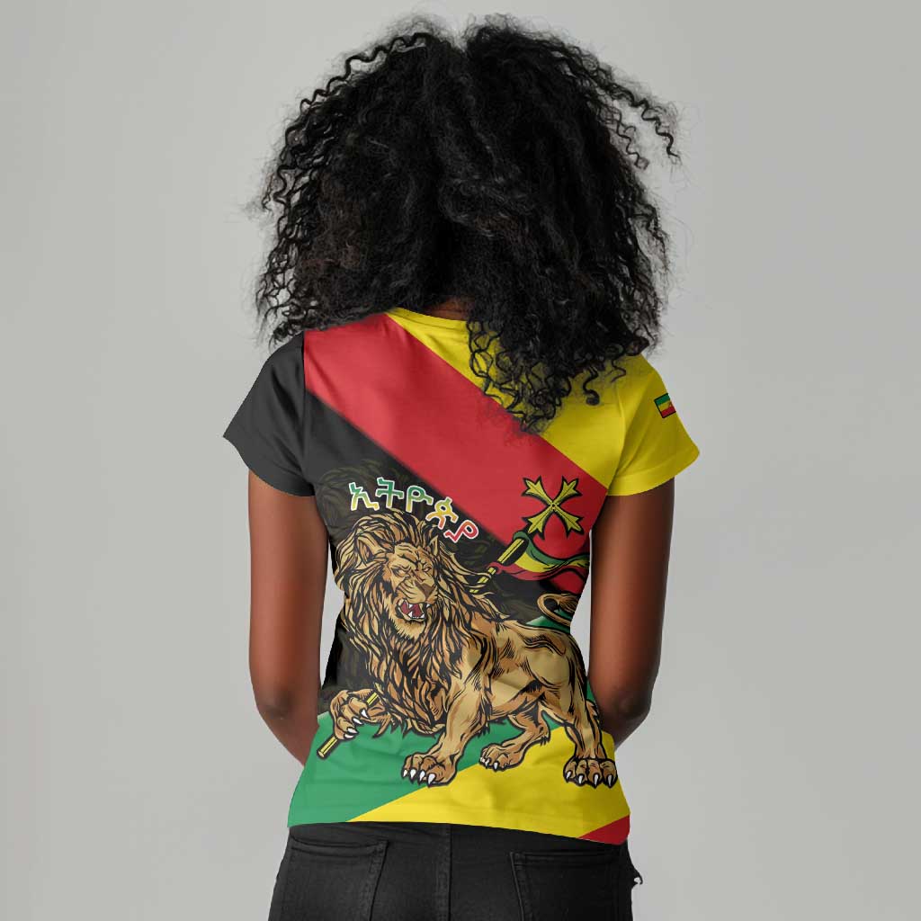 Ethiopia Lion of Judah Women V-Neck T-Shirt Ethiopia Empire 1270-1974