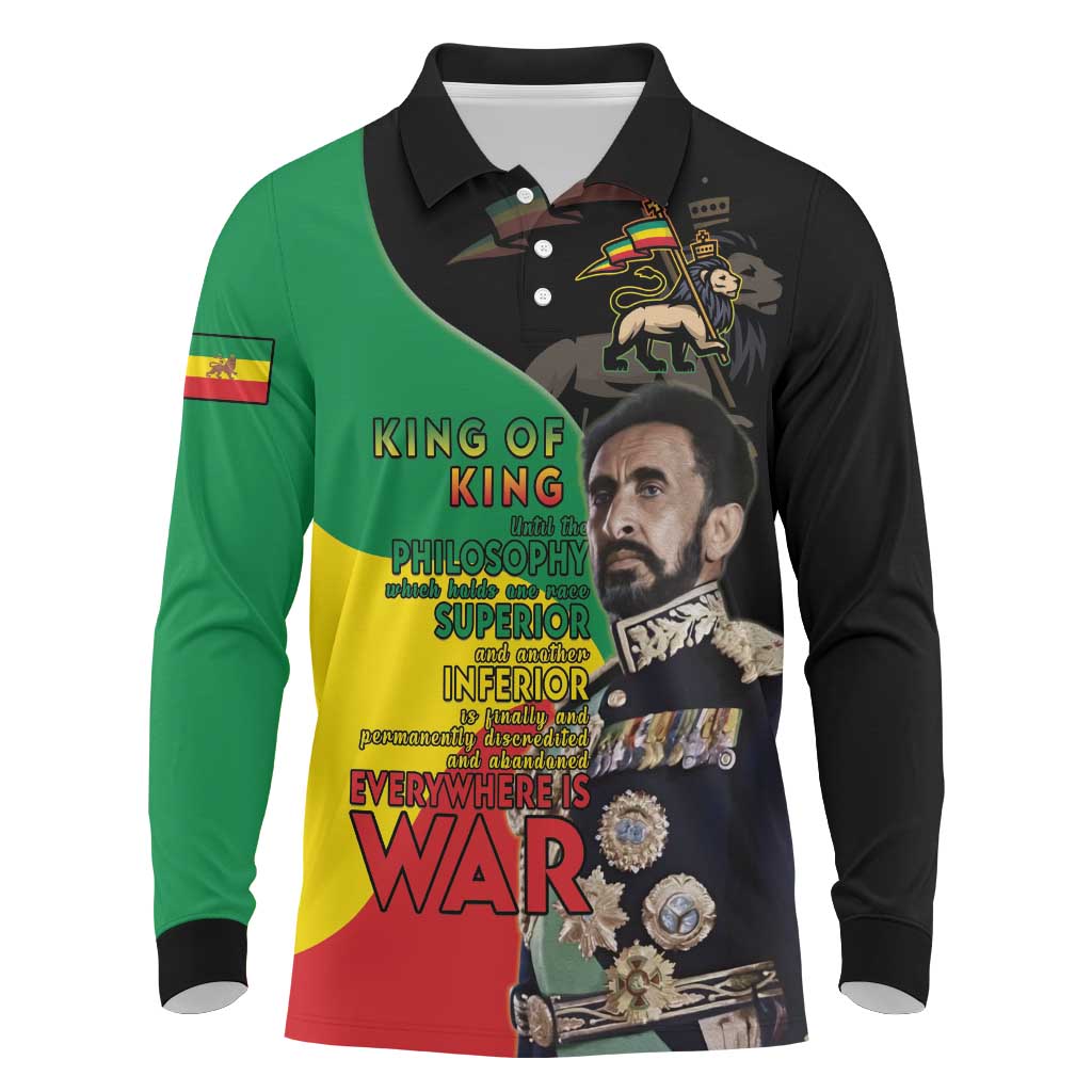 Jah Rastafari Long Sleeve Polo Shirt Haile Selassie