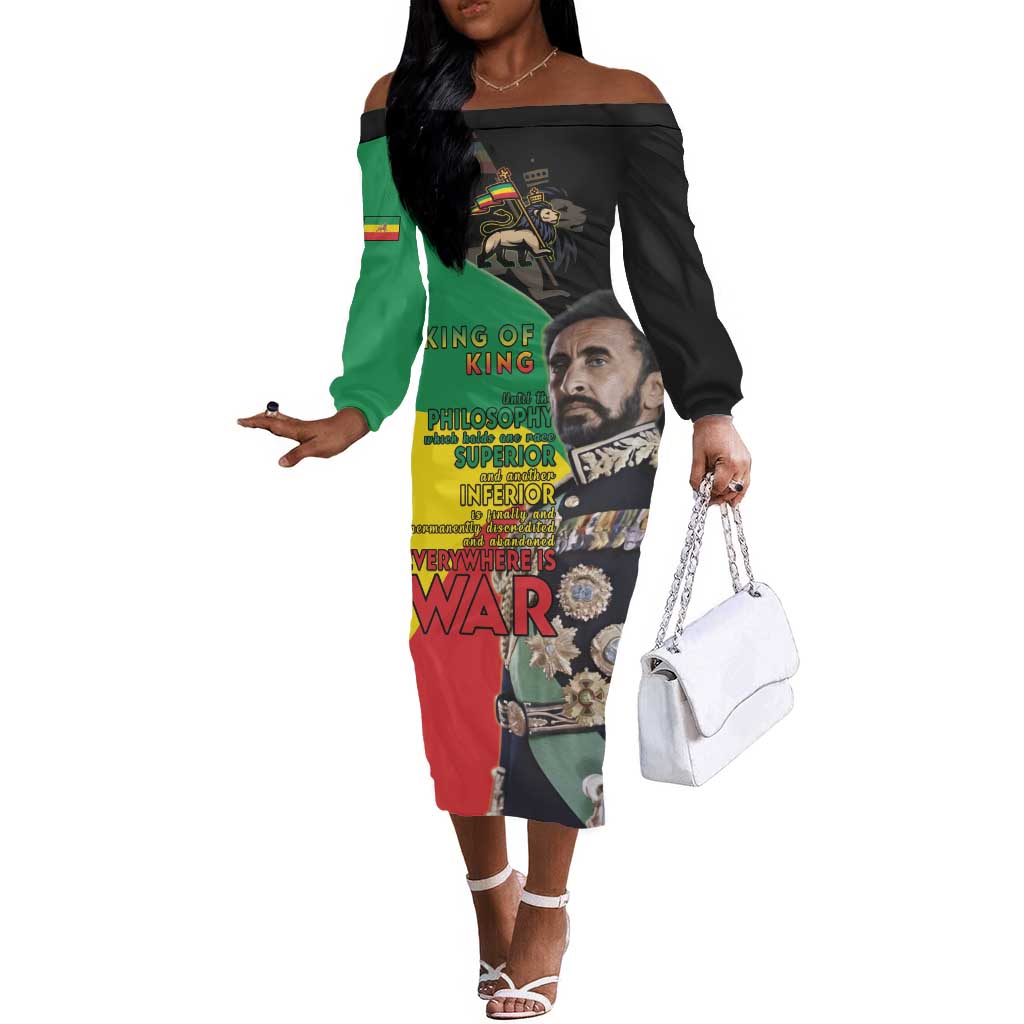 Jah Rastafari Off The Shoulder Long Sleeve Dress Haile Selassie