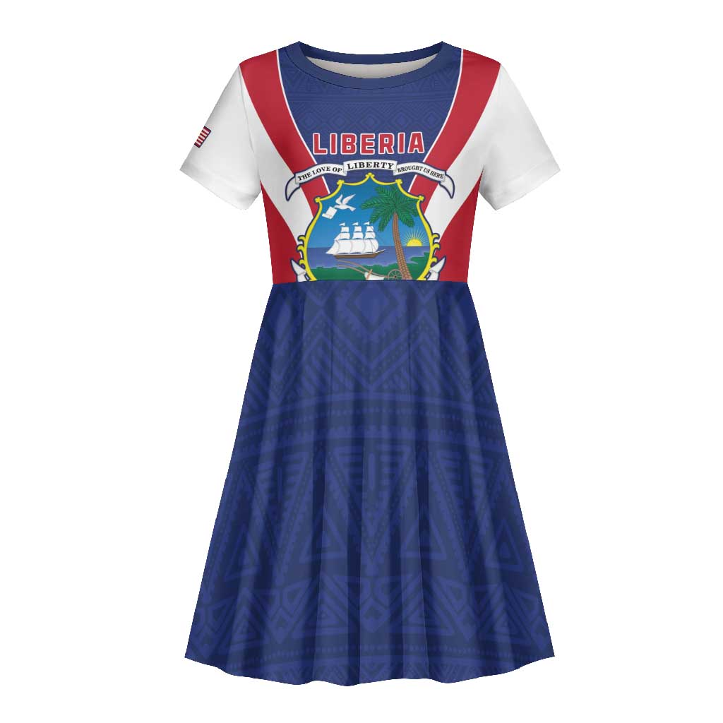 Personalised Afro Liberia Kid Short Sleeve Dress Coat Of Arms With Flag Map - African Pattern