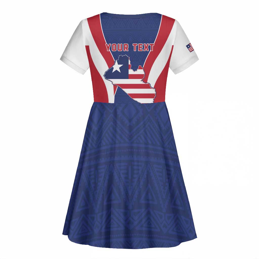 Personalised Afro Liberia Kid Short Sleeve Dress Coat Of Arms With Flag Map - African Pattern