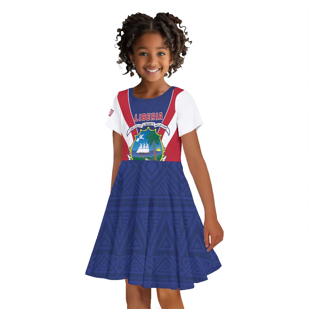Personalised Afro Liberia Kid Short Sleeve Dress Coat Of Arms With Flag Map - African Pattern