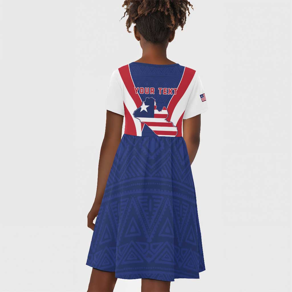 Personalised Afro Liberia Kid Short Sleeve Dress Coat Of Arms With Flag Map - African Pattern