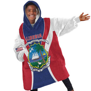 Personalised Afro Liberia Kid Wearable Blanket Hoodie Coat Of Arms With Flag Map - African Pattern