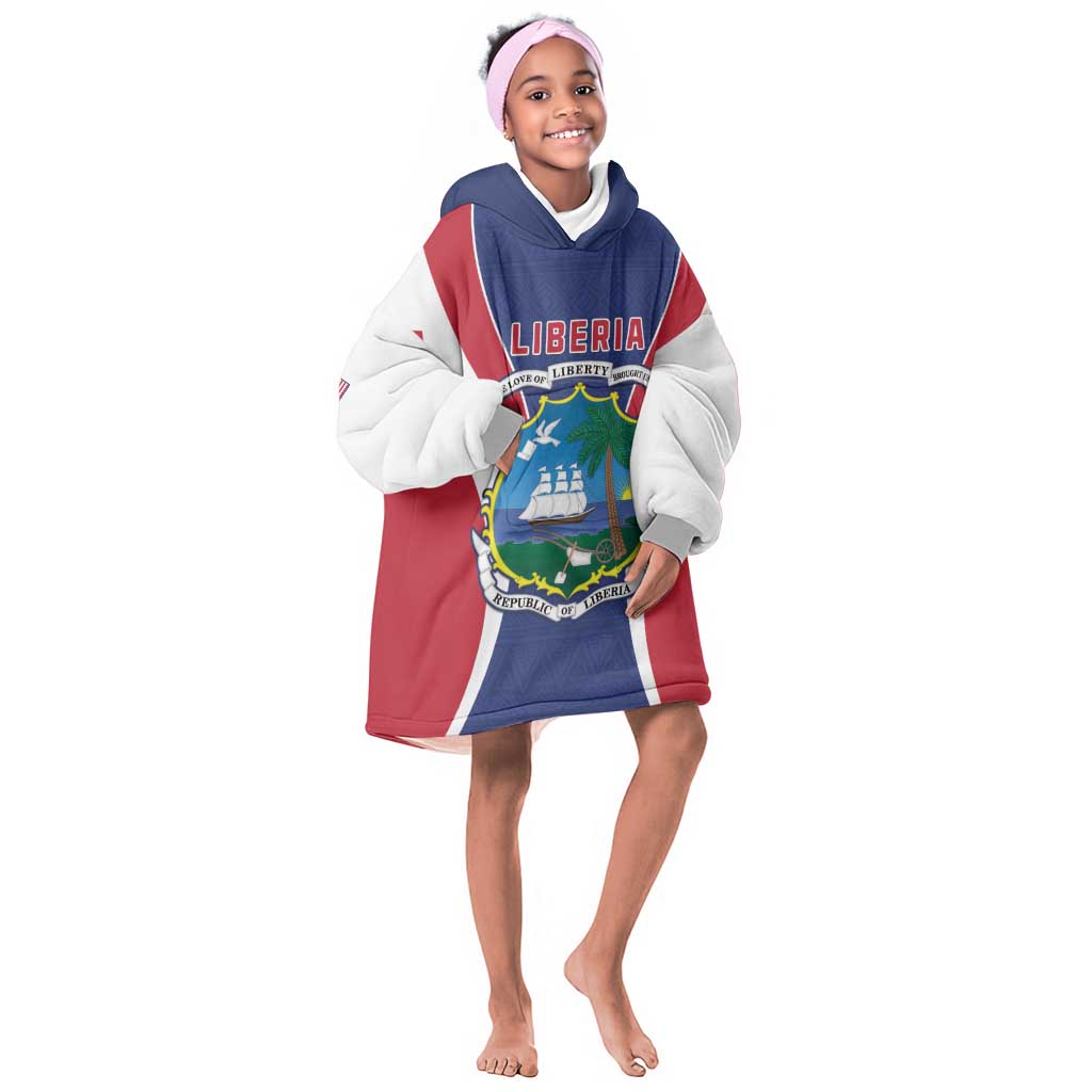Personalised Afro Liberia Kid Wearable Blanket Hoodie Coat Of Arms With Flag Map - African Pattern