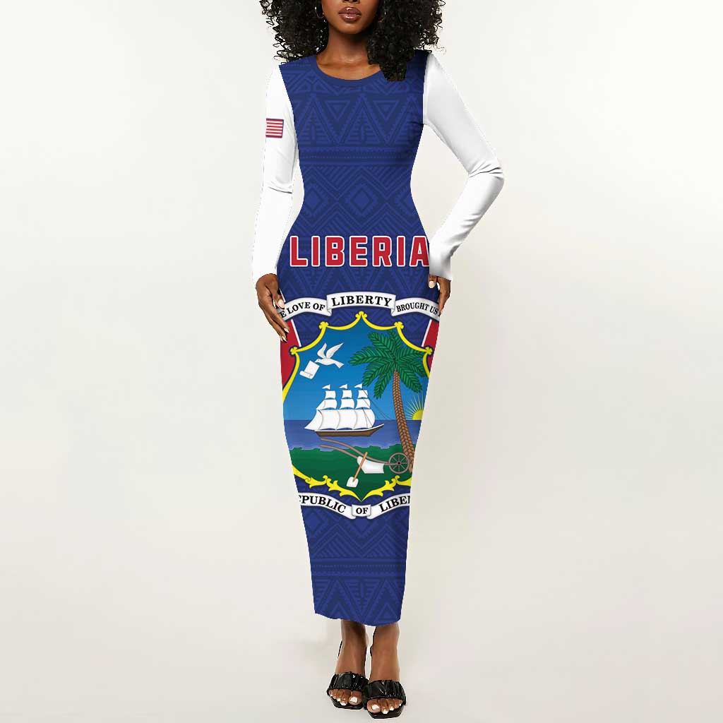 Personalised Afro Liberia Long Sleeve Bodycon Dress Coat Of Arms With Flag Map - African Pattern LT15
