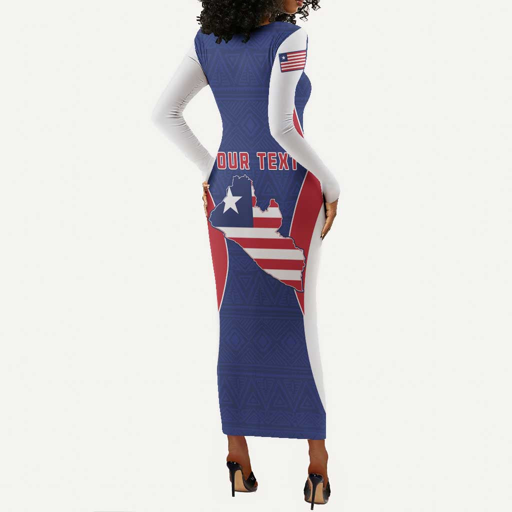 Personalised Afro Liberia Long Sleeve Bodycon Dress Coat Of Arms With Flag Map - African Pattern LT15