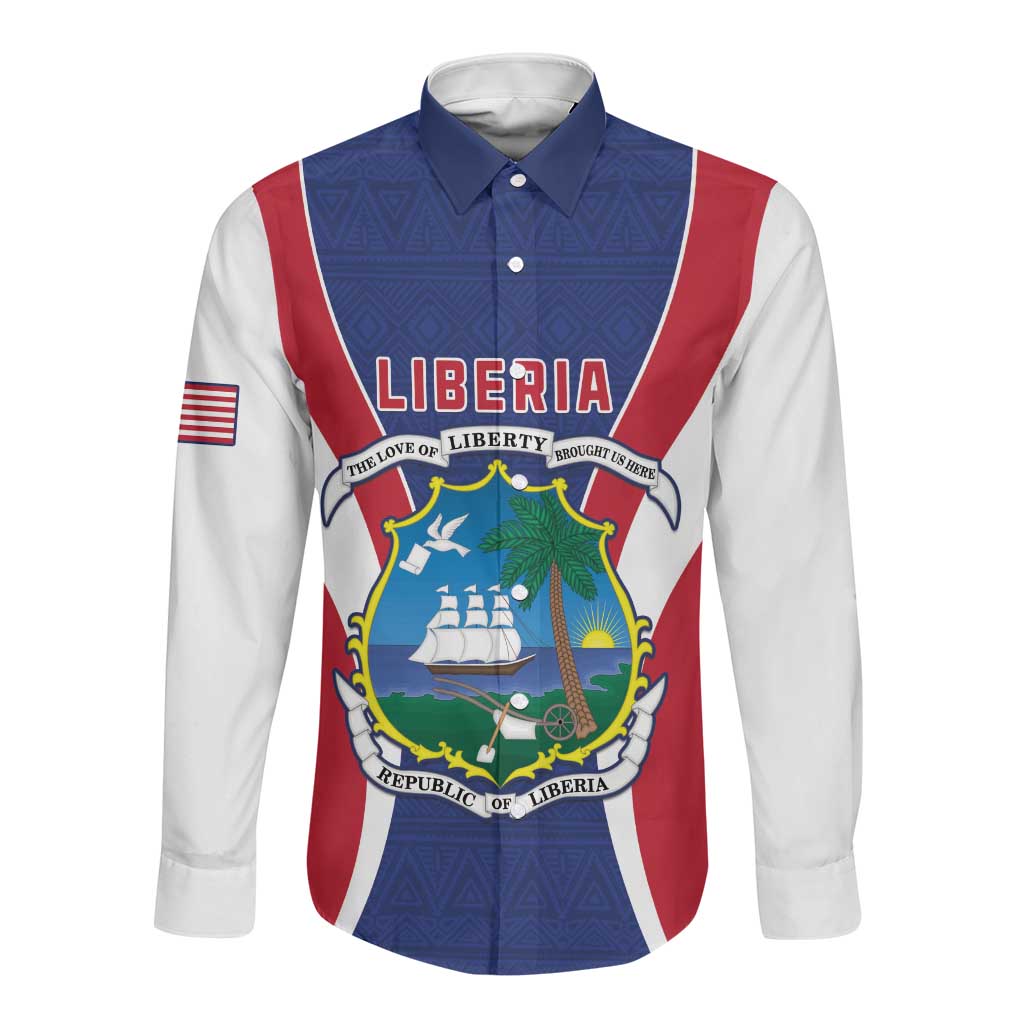 Personalised Afro Liberia Long Sleeve Button Shirt Coat Of Arms With Flag Map - African Pattern