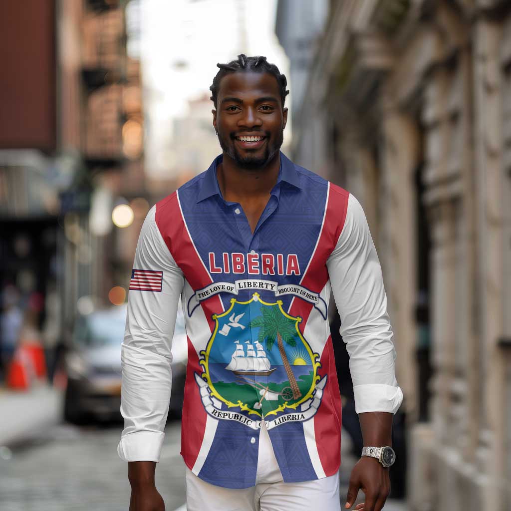 Personalised Afro Liberia Long Sleeve Button Shirt Coat Of Arms With Flag Map - African Pattern