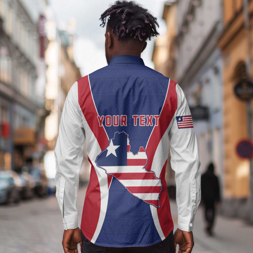 Personalised Afro Liberia Long Sleeve Button Shirt Coat Of Arms With Flag Map - African Pattern