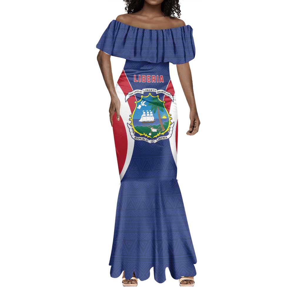 Personalised Afro Liberia Mermaid Dress Coat Of Arms With Flag Map - African Pattern