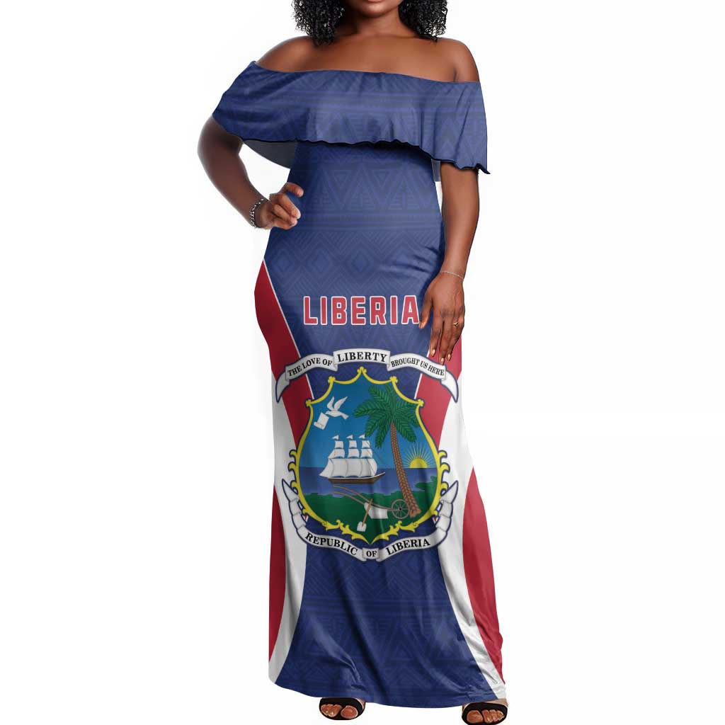 Personalised Afro Liberia Off Shoulder Maxi Dress Coat Of Arms With Flag Map - African Pattern