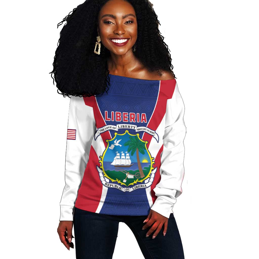 Personalised Afro Liberia Off Shoulder Sweater Coat Of Arms With Flag Map - African Pattern