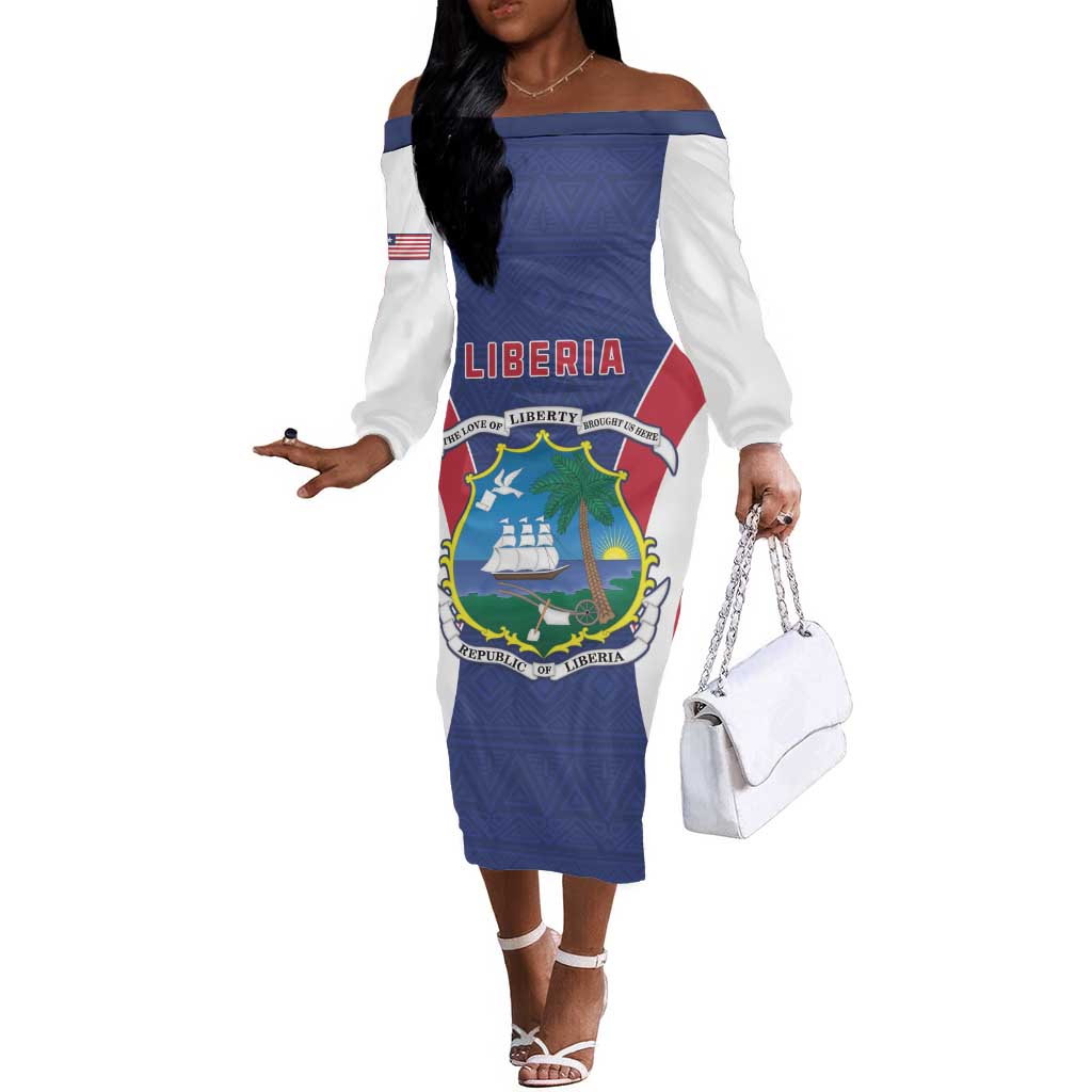Personalised Afro Liberia Off The Shoulder Long Sleeve Dress Coat Of Arms With Flag Map - African Pattern
