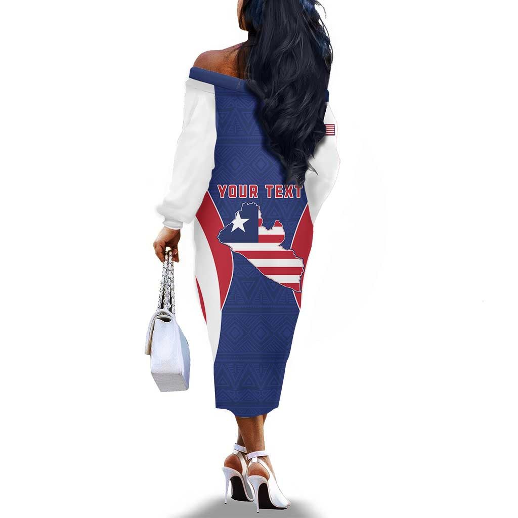 Personalised Afro Liberia Off The Shoulder Long Sleeve Dress Coat Of Arms With Flag Map - African Pattern