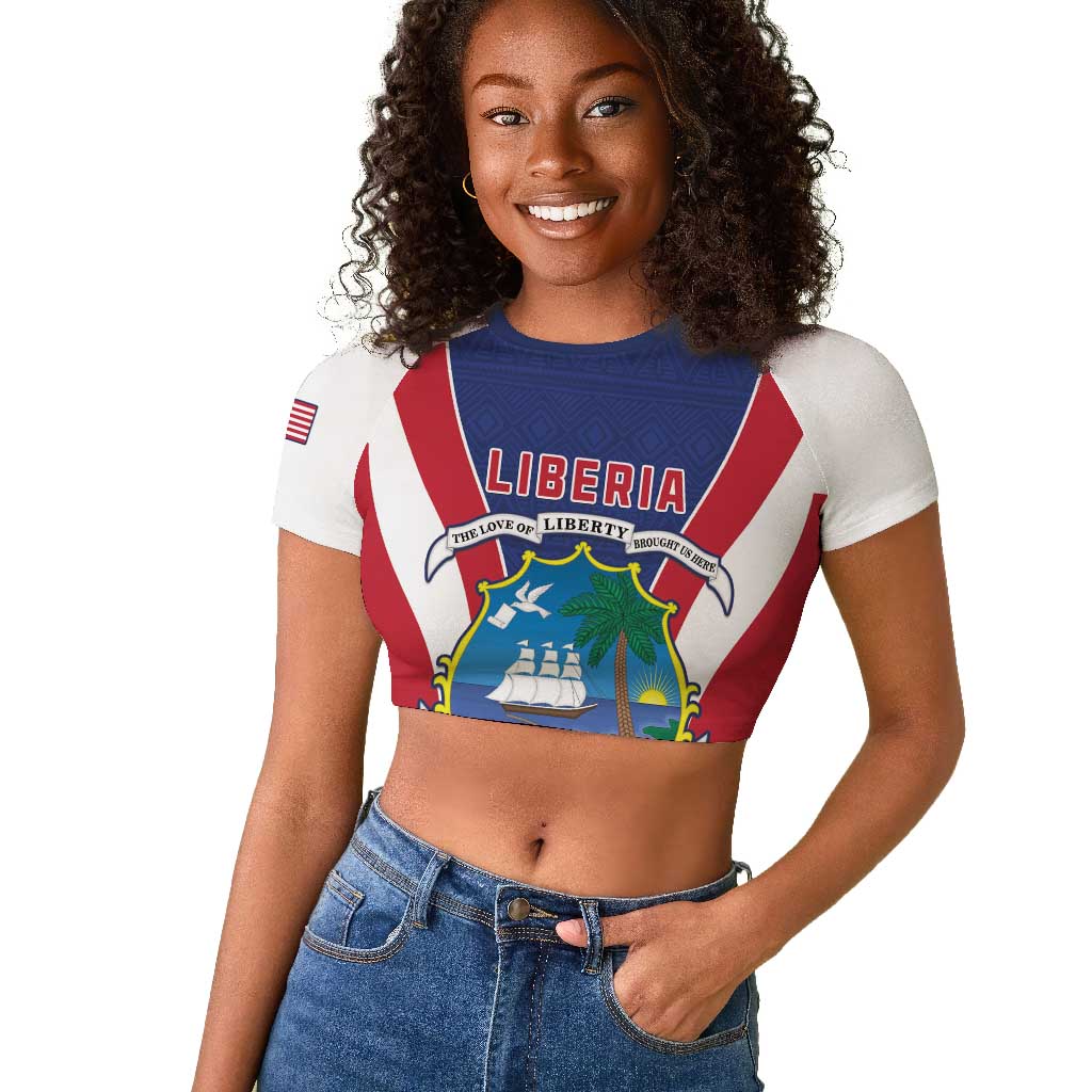 Personalised Afro Liberia Raglan Cropped T shirt Coat Of Arms With Flag Map - African Pattern