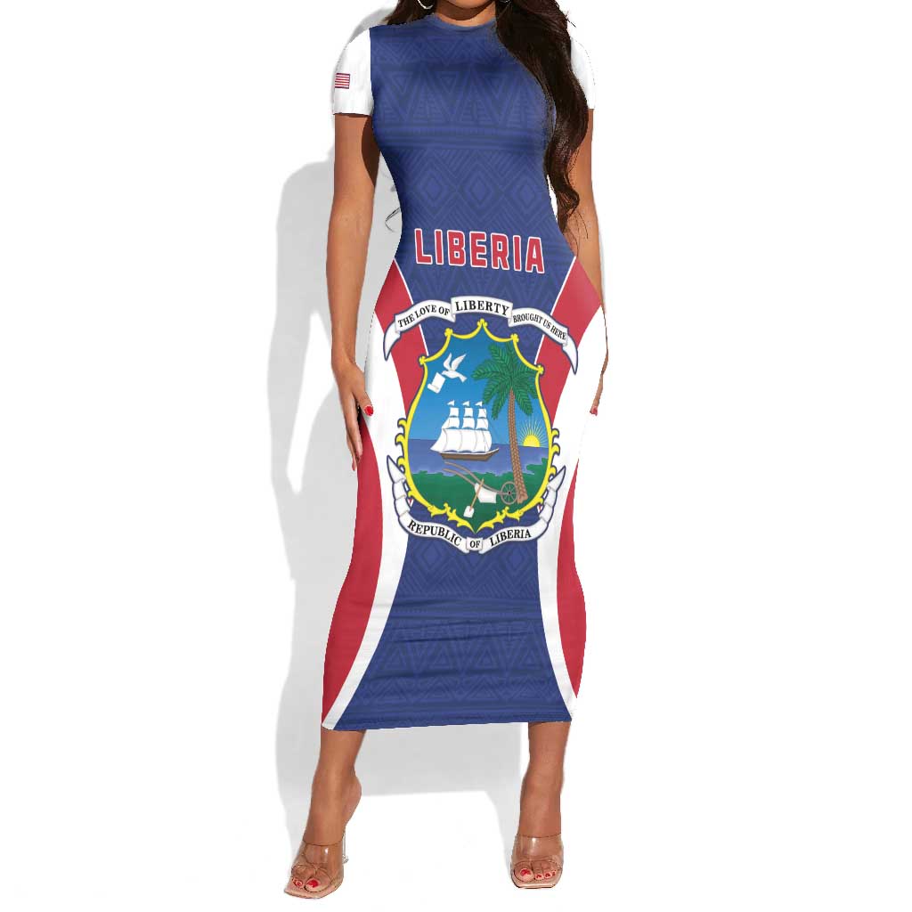 Personalised Afro Liberia Short Sleeve Bodycon Dress Coat Of Arms With Flag Map - African Pattern LT15